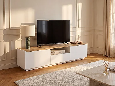 Mueble TV AMANI - 2 puertas y 1 cajón - MDF lacado blanco - Color: blanco y roble