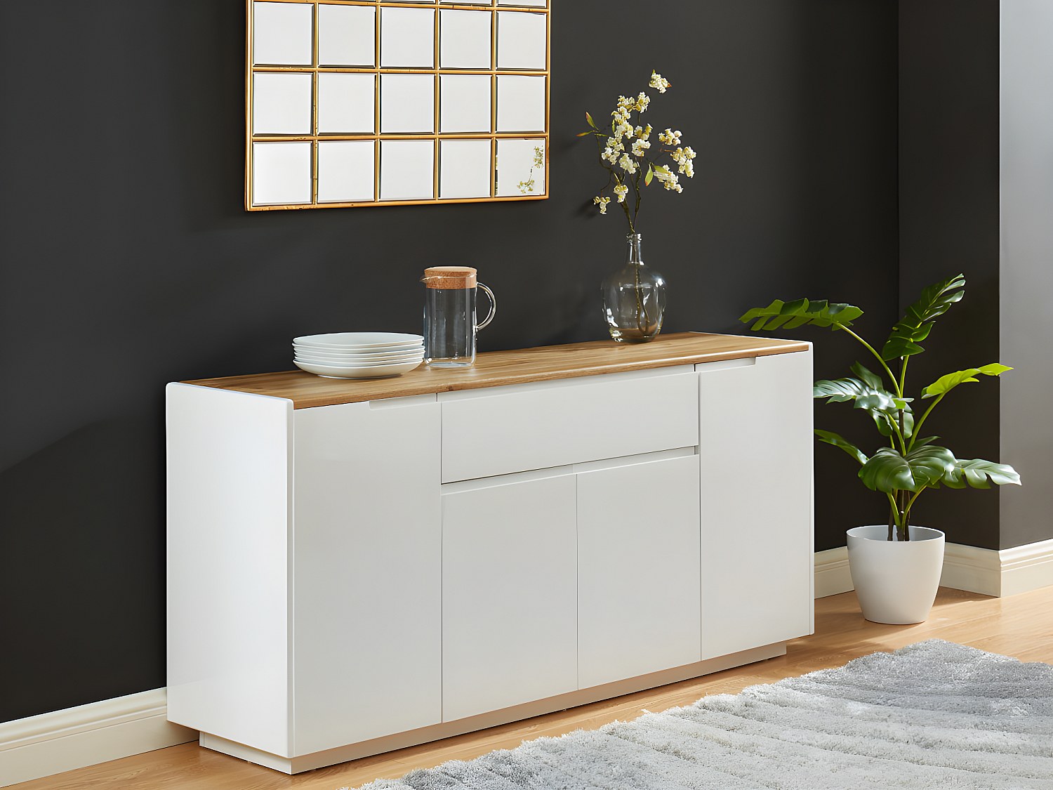 Sideboard mit 4 Türen & 1 Schublade - MDF lackiert - Weiß & Eichefarben - A günstig online kaufen