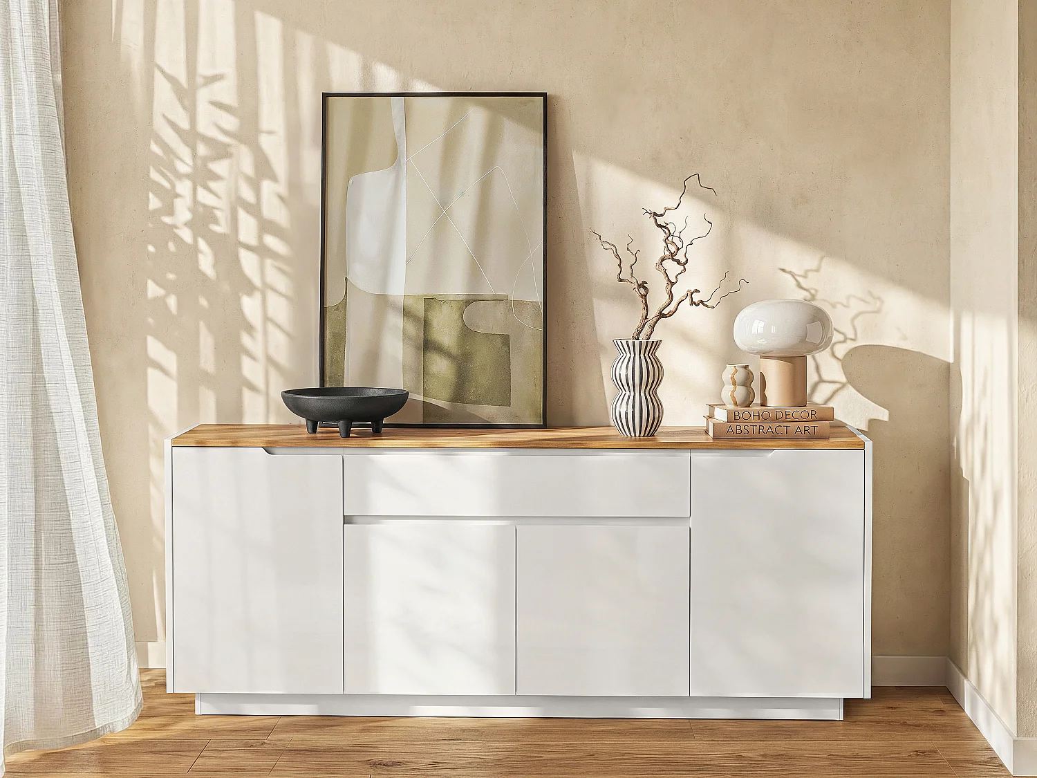 Buffet AMANI -  4 portes & 1 tiroir - MDF - Coloris: Blanc laqué et Chêne