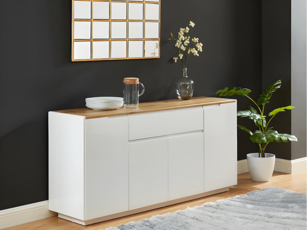 Buffet AMANI -  4 portes & 1 tiroir - MDF - Coloris: Blanc laqué et Chêne