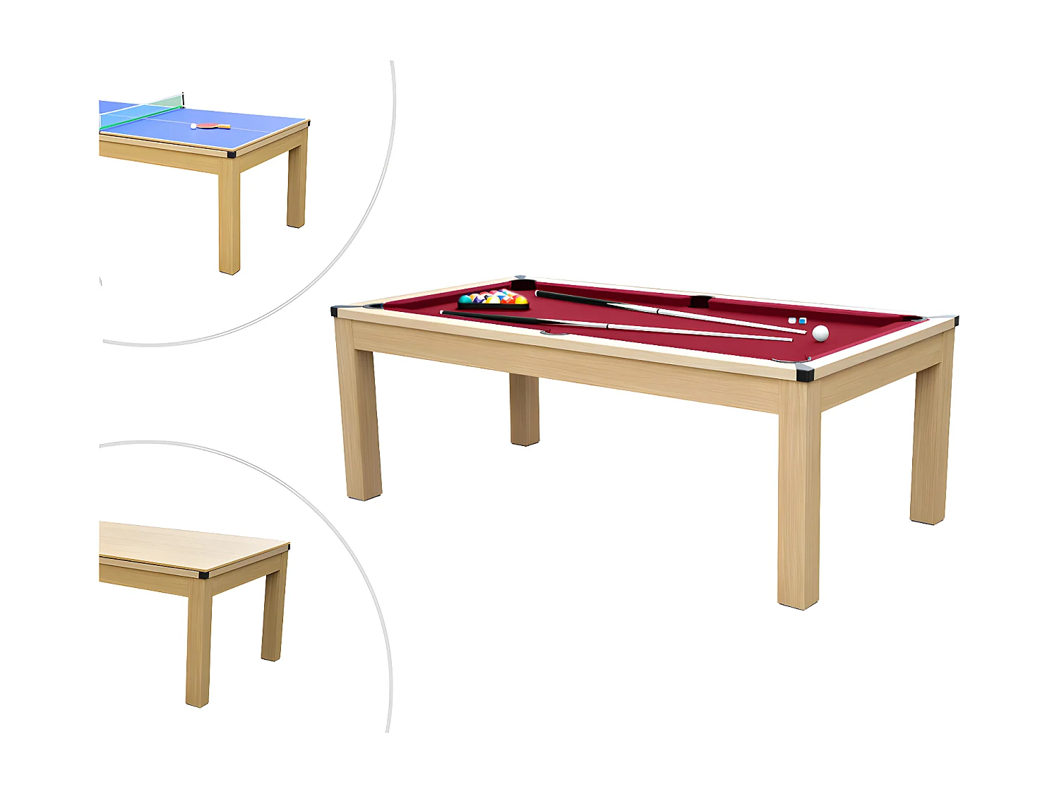 Multifunktionstisch Billard & Tischtennis - 213 x 112 x 81,5 cm - Rot - BALTHAZAR