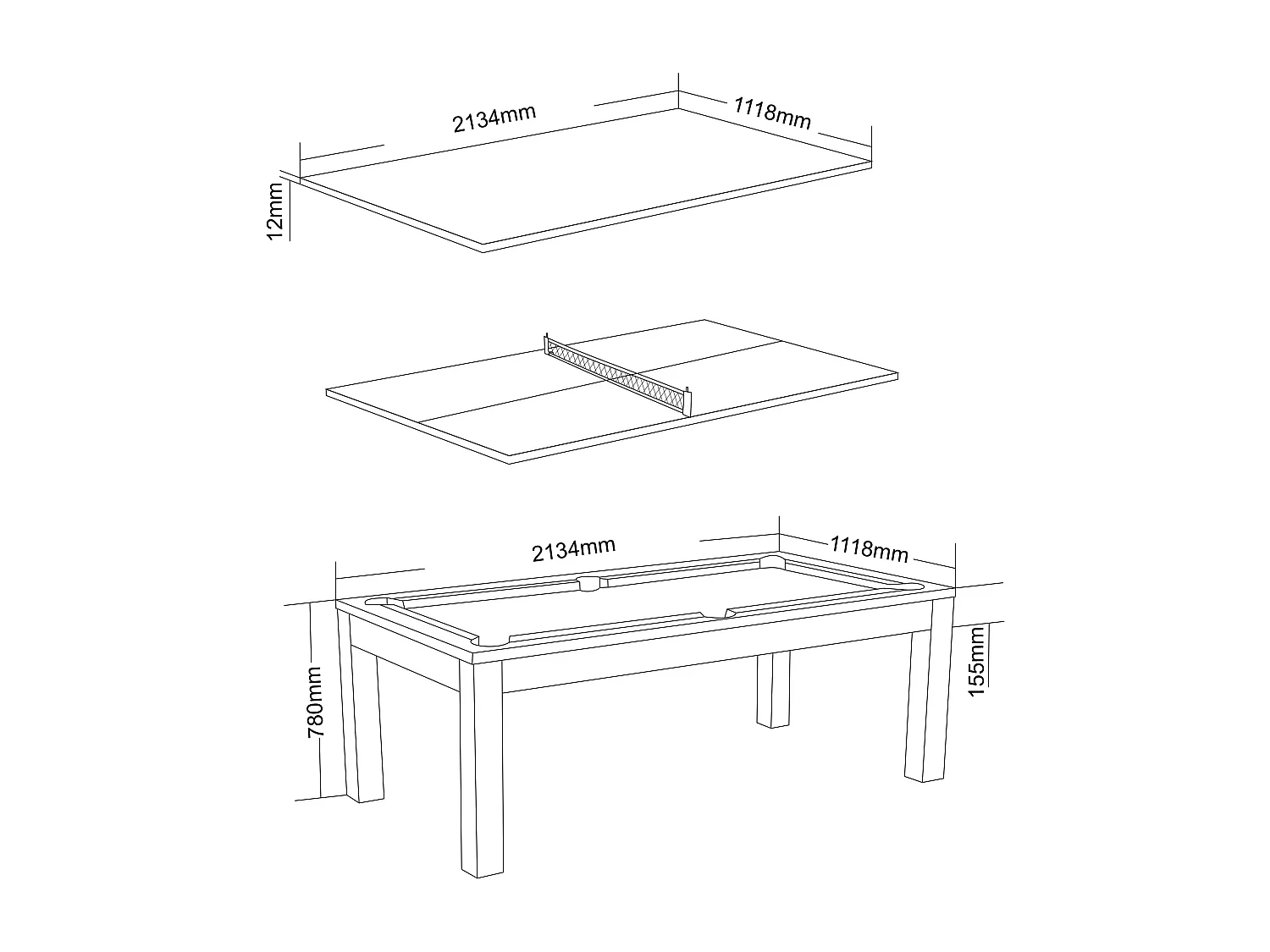 Multifunktionstisch Billard & Tischtennis - 213 x 112 x 81,5 cm - Grau - BALTHAZAR