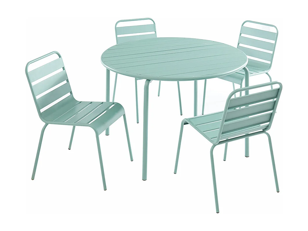 Salle à manger de jardin en métal - une table D.110 cm et 4 chaises empilables - Vert amande - MIRMANDE de MYLIA