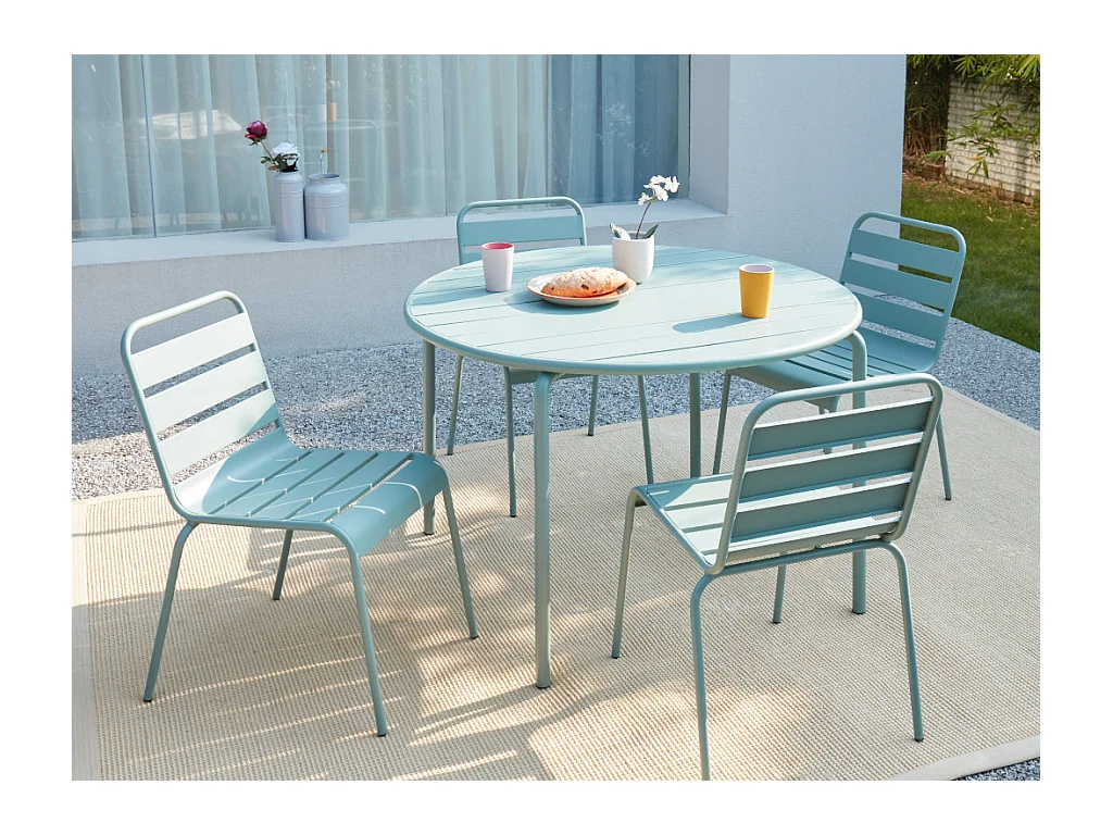 Salle à manger de jardin en métal - une table D.110 cm et 4 chaises empilables - Vert amande - MIRMANDE de MYLIA