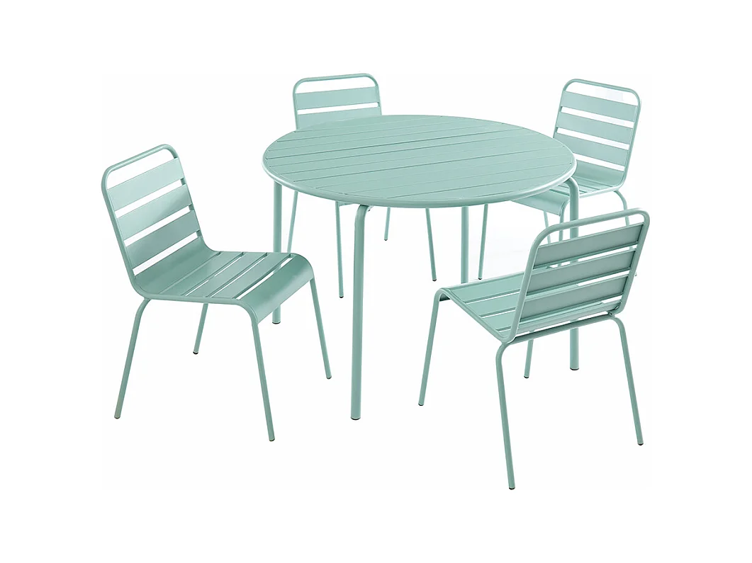 Salle à manger de jardin en métal - une table D.110 cm et 4 chaises empilables - Vert amande - MIRMANDE de MYLIA