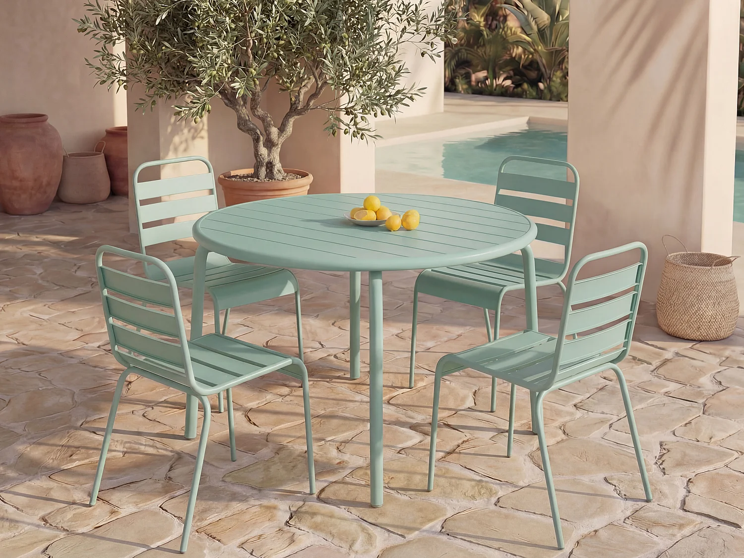 Salle à manger de jardin en métal - une table D.110 cm et 4 chaises empilables - Vert amande - MIRMANDE de MYLIA