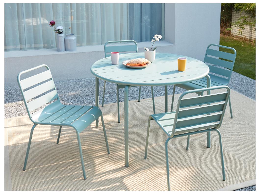 Garten-Essgruppe: Tisch D. 110 cm + 4 stapelbare Stühle - Metall - Mandelgrün - MIRMANDE von MYLIA