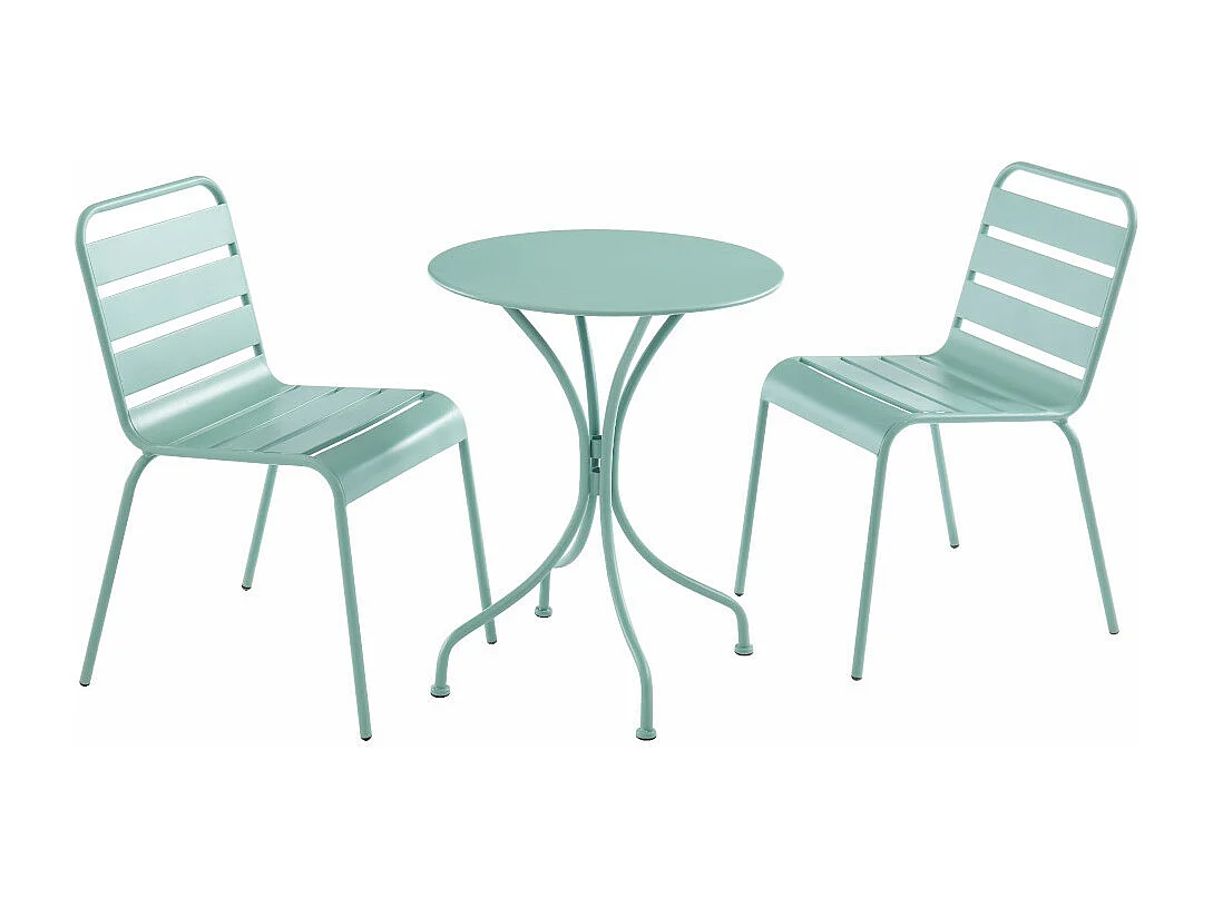 Garten-Essgruppe: Tisch D. 60 cm + 2 stapelbare Stühle - Metall - Mandelgrün - MIRMANDE von MYLIA