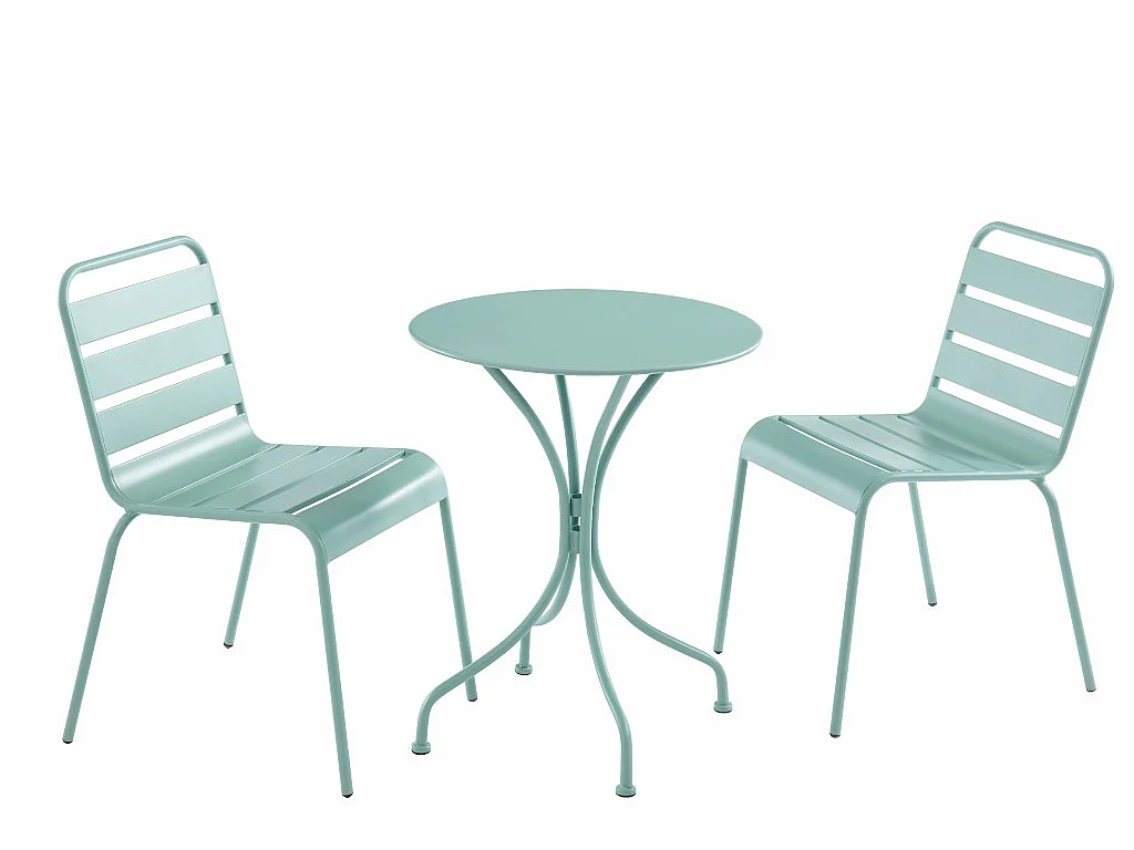 Sala de jantar de jardim em metal - uma mesa D.60 cm e 2 cadeiras empilháveis - Verde amêndoa - MIRMANDE