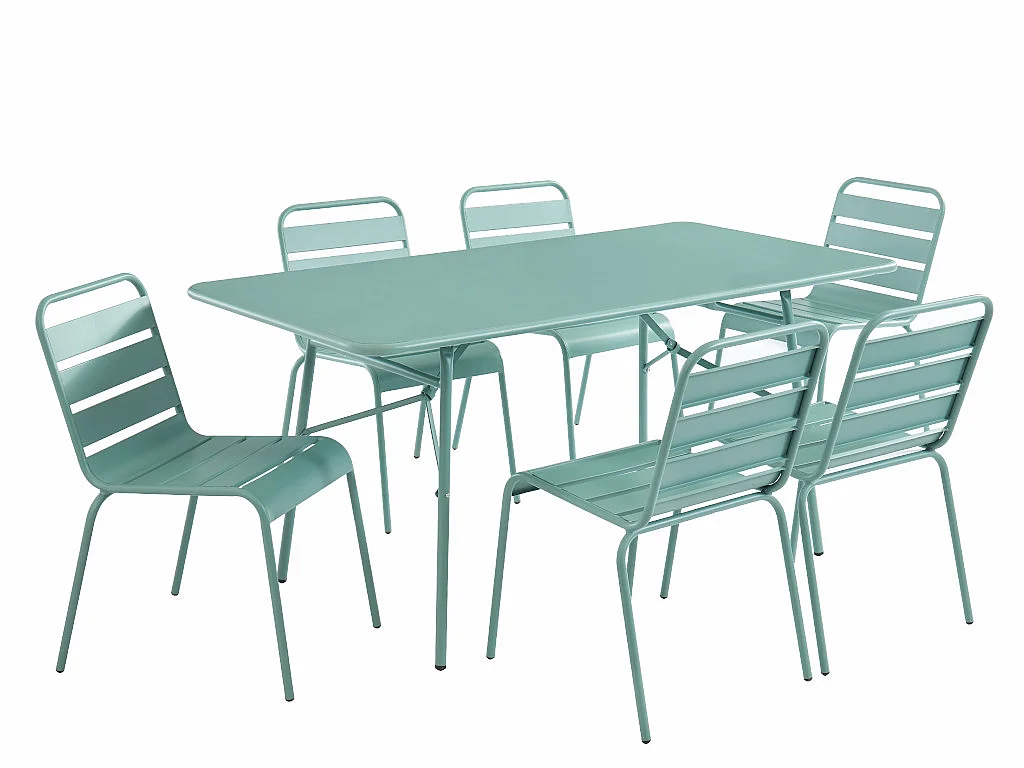 Salle à manger de jardin MIRMANDE en métal - une table L.160 cm et 6 chaises empilables - Vert amande