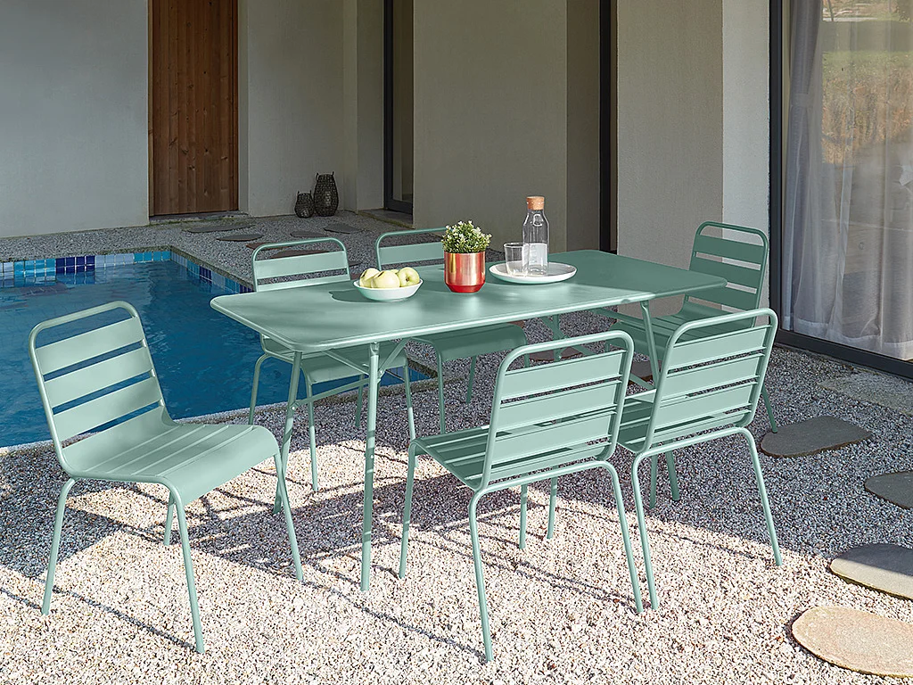 Salle à manger de jardin MIRMANDE en métal - une table L.160 cm et 6 chaises empilables - Vert amande