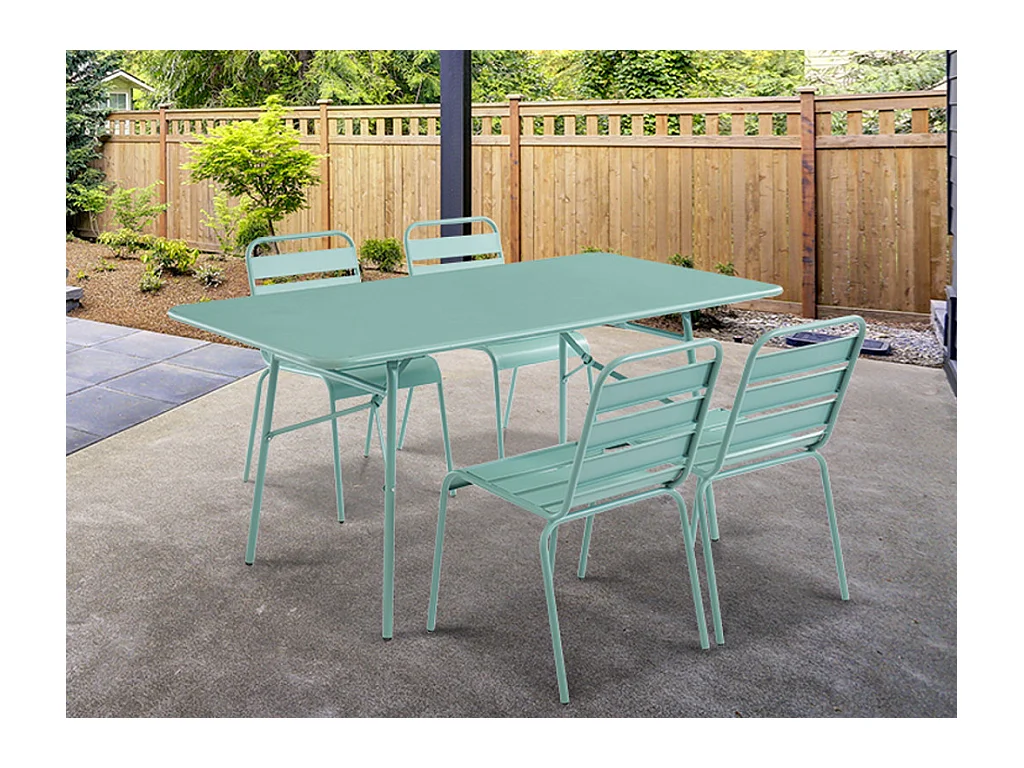 Salle à manger de jardin MIRMANDE en métal - une table L.160 cm et 4 chaises empilables - Vert amande