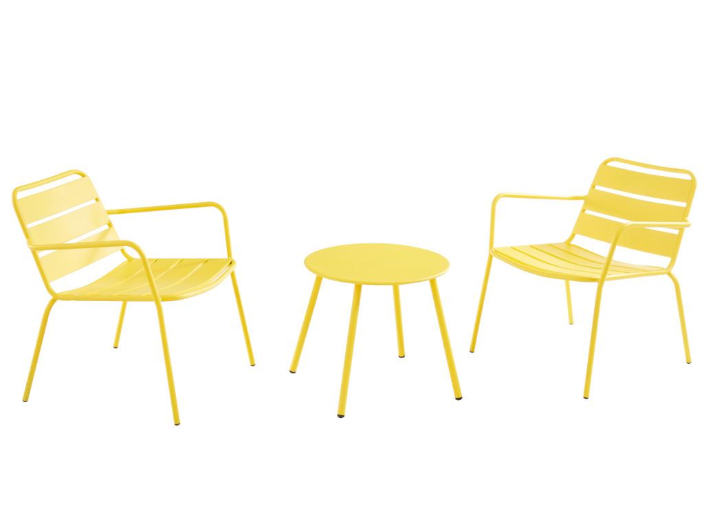 Garten Sitzgruppe Beistelltisch + 2 stapelbare Sessel Metall Gelb