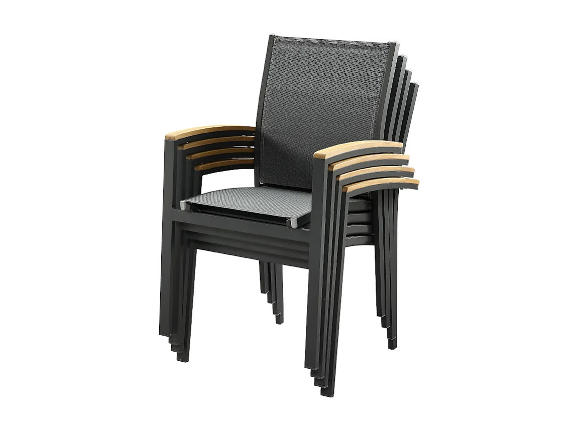 Set van 2 opstapelbare tuinstoelen van aluminium en textileen - Antraciet en acaciakleurige armleuningen - TAIPIVAI