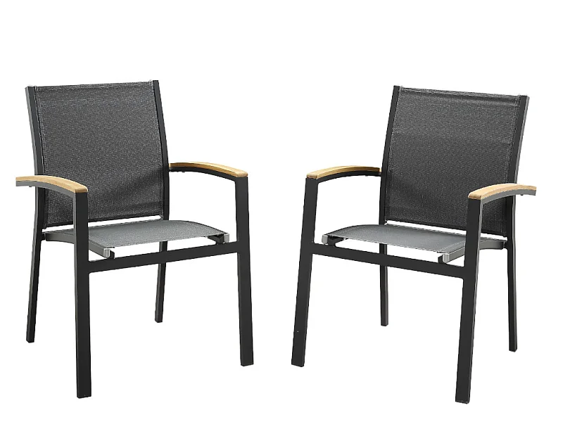 Conjunto de 2 cadeirões de jardim empilháveis em alumínio e textileno - Antracite e apoios de braços acácia - TAIPIVAI