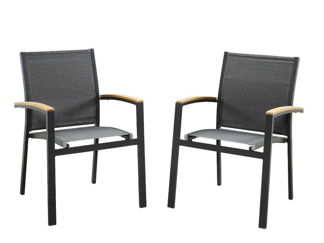 Lot de 2 fauteuils de jardin empilables  en aluminium et textilène - Anthracite et accoudoirs acacia - TAIPIVAI de MYLIA