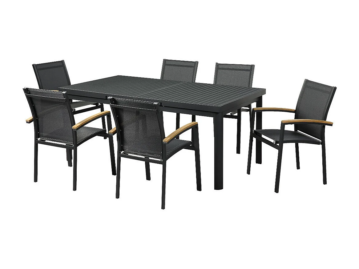 Conjunto de jardim mesa e cadeiras de jardim em alumínio: uma mesa extensível C.180/240cm e 6 cadeiras empilháveis - cinza escuro - NAURU