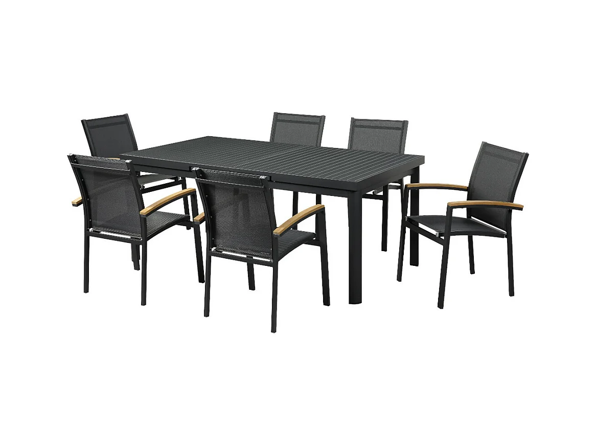 Salle à manger de jardin en aluminium : une table extensible L.180/240cm et 6 fauteuils empilables avec accoudoirs acacia - Anthracite - NAURU de MYLIA