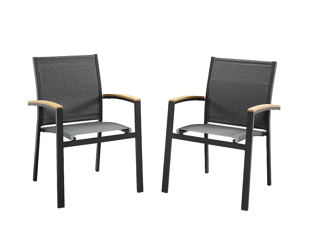 Salle à manger de jardin en aluminium : une table extensible L.180/240cm et 6 fauteuils empilables avec accoudoirs acacia - Anthracite - NAURU de MYLIA