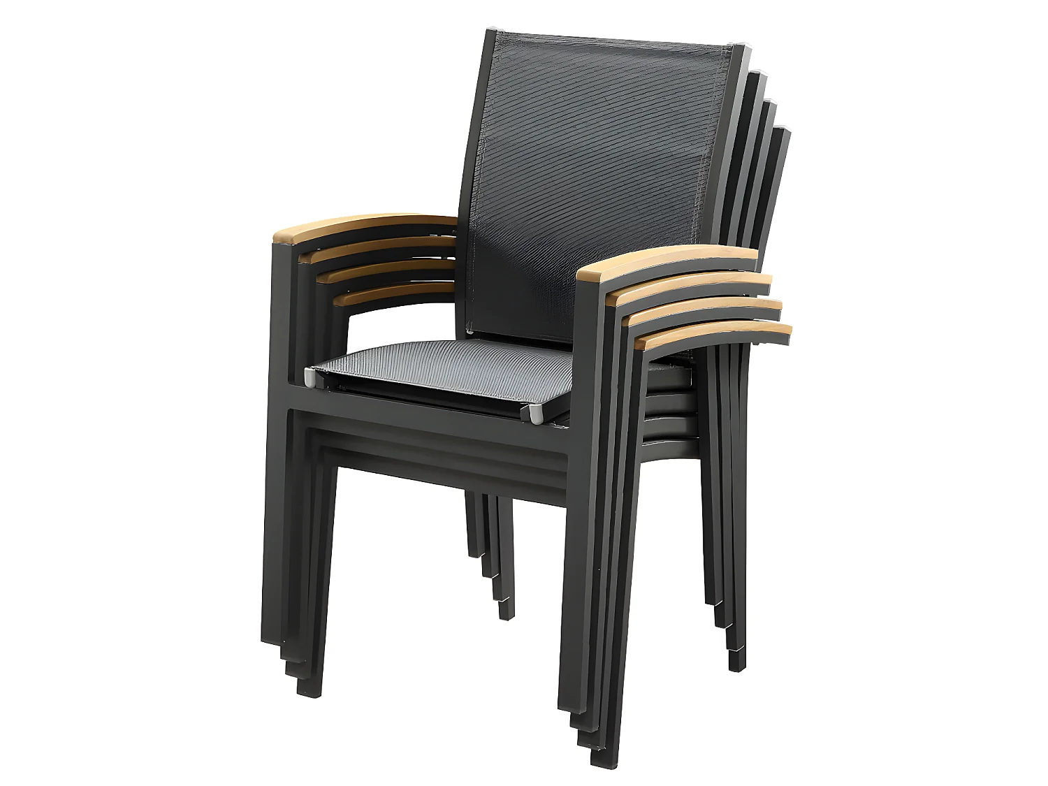 Salle à manger de jardin en aluminium : une table extensible L.180/240cm et 8 fauteuils empilables avec accoudoirs acacia - Anthracite - NAURU de MYLIA