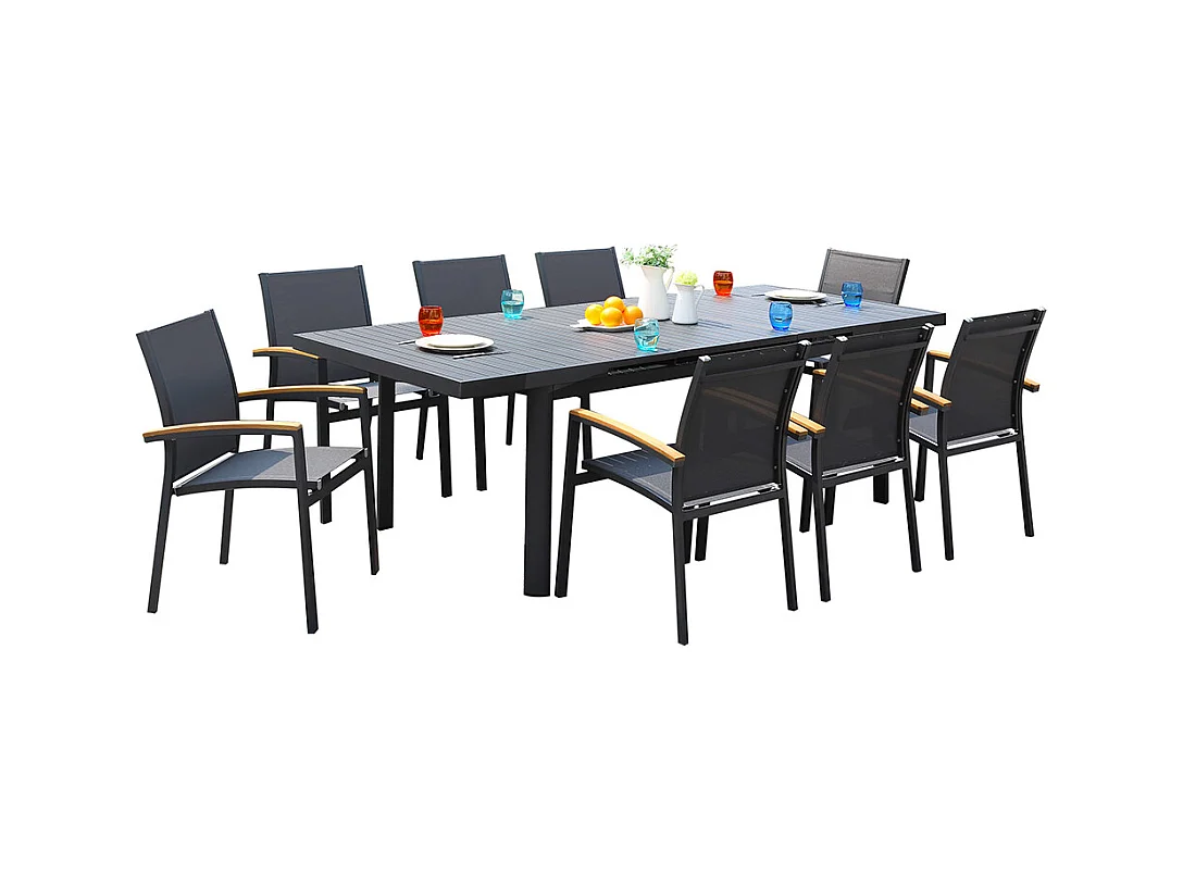 Salle à manger de jardin en aluminium : une table extensible L.180/240cm et 8 fauteuils empilables avec accoudoirs acacia - Anthracite - NAURU de MYLIA