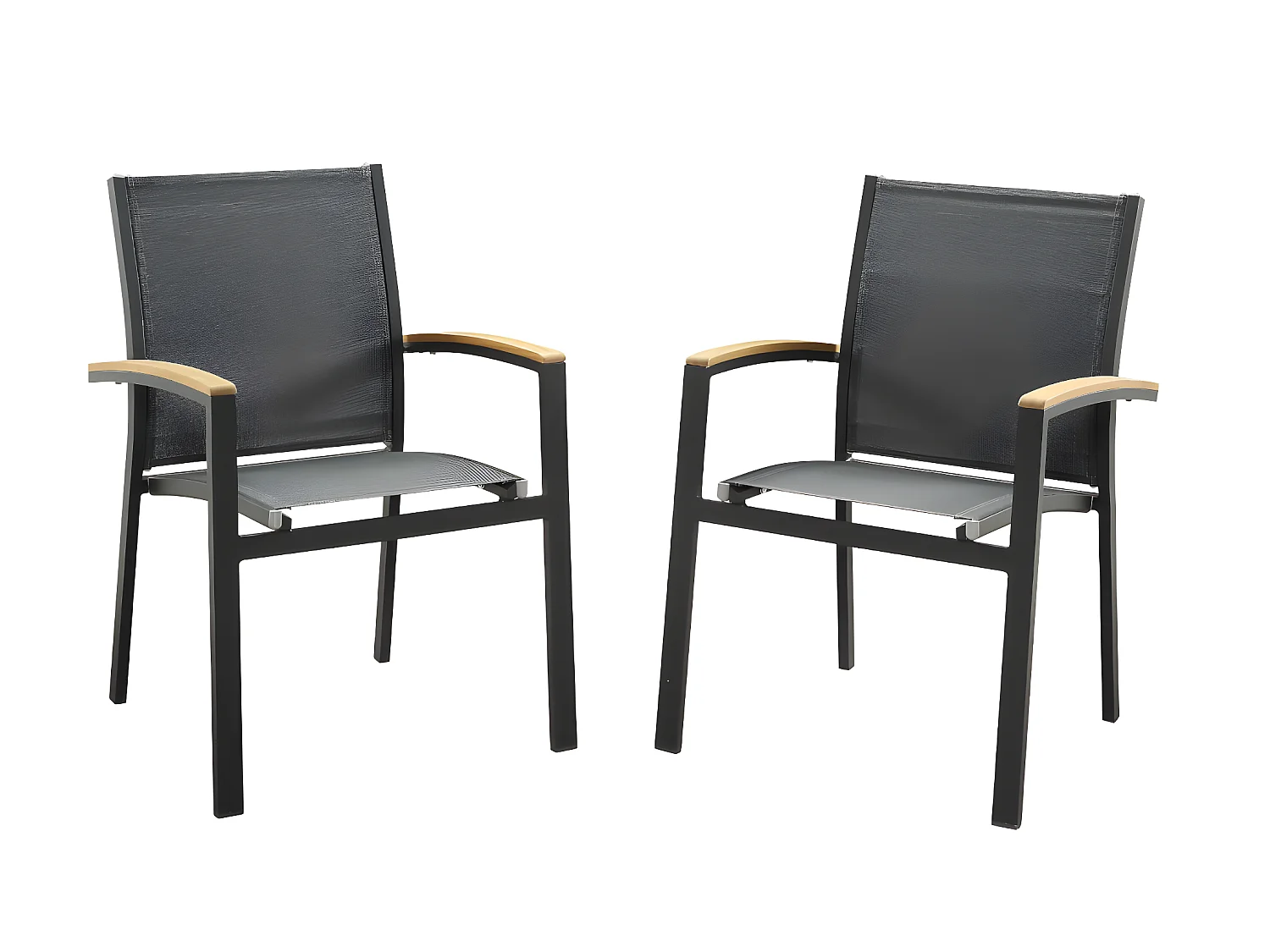 Salle à manger de jardin en aluminium : une table extensible L.180/240cm et 8 fauteuils empilables avec accoudoirs acacia - Anthracite - NAURU de MYLIA