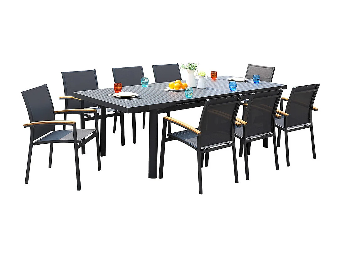 Salle à manger de jardin en aluminium : une table extensible L.180/240cm et 8 fauteuils empilables avec accoudoirs acacia - Anthracite - NAURU de MYLIA