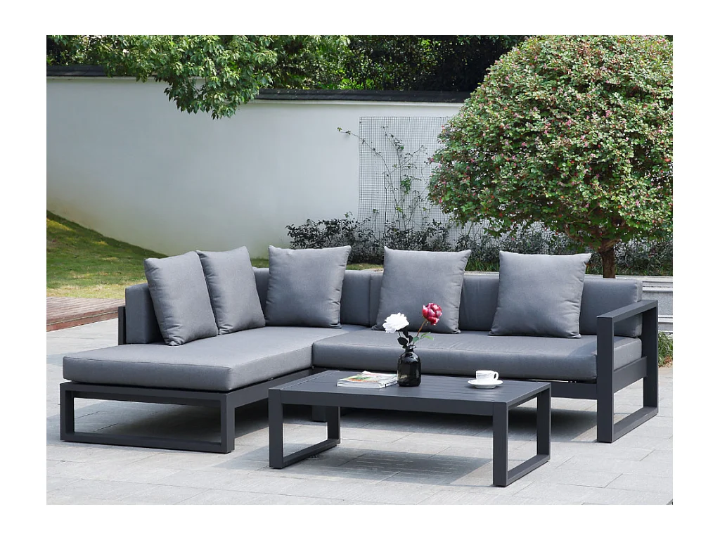 Salon d'angle de jardin  en aluminium : un canapé d'angle et une table basse - Anthracite - MOLOKAI de MYLIA