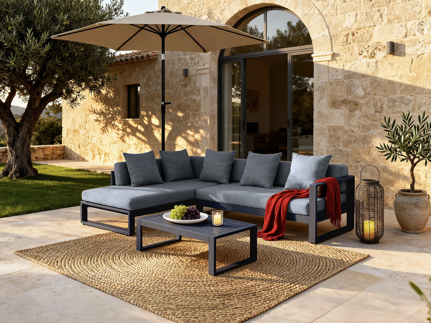 Hoektuinset MOLOKAI van aluminium: een hoekbank en een salontafel - Antraciet