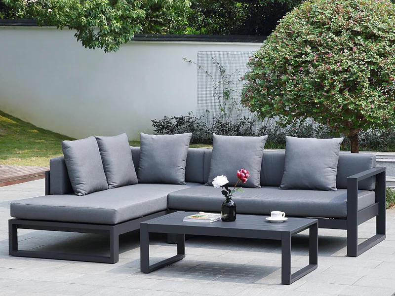 Sala completa de canto de jardim em alumínio: um sofá de canto e uma mesa de centro - Antracite - MOLOKAI
