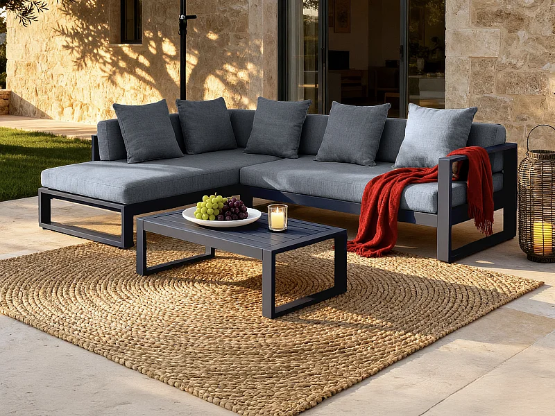 Salon d'angle de jardin  en aluminium : un canapé d'angle et une table basse - Anthracite - MOLOKAI de MYLIA