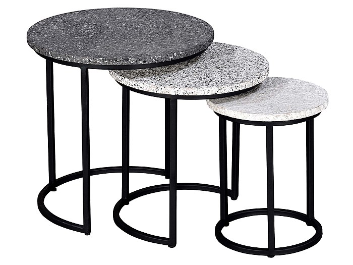 Juego de 3 mesas de centro apilables. MDF y metal Efecto terrazo. Negro