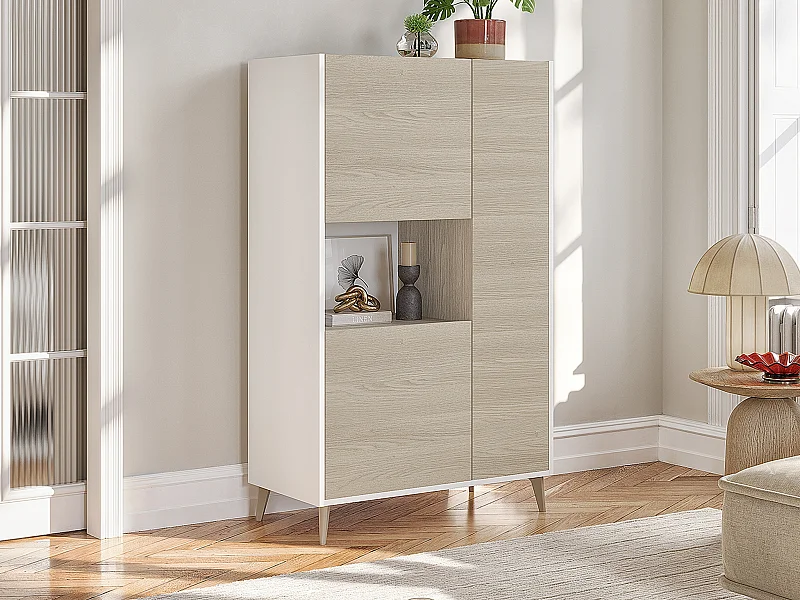 Buffet haut KOLYMA - 3 portes & 1 niche - Coloris : Chêne & Blanc