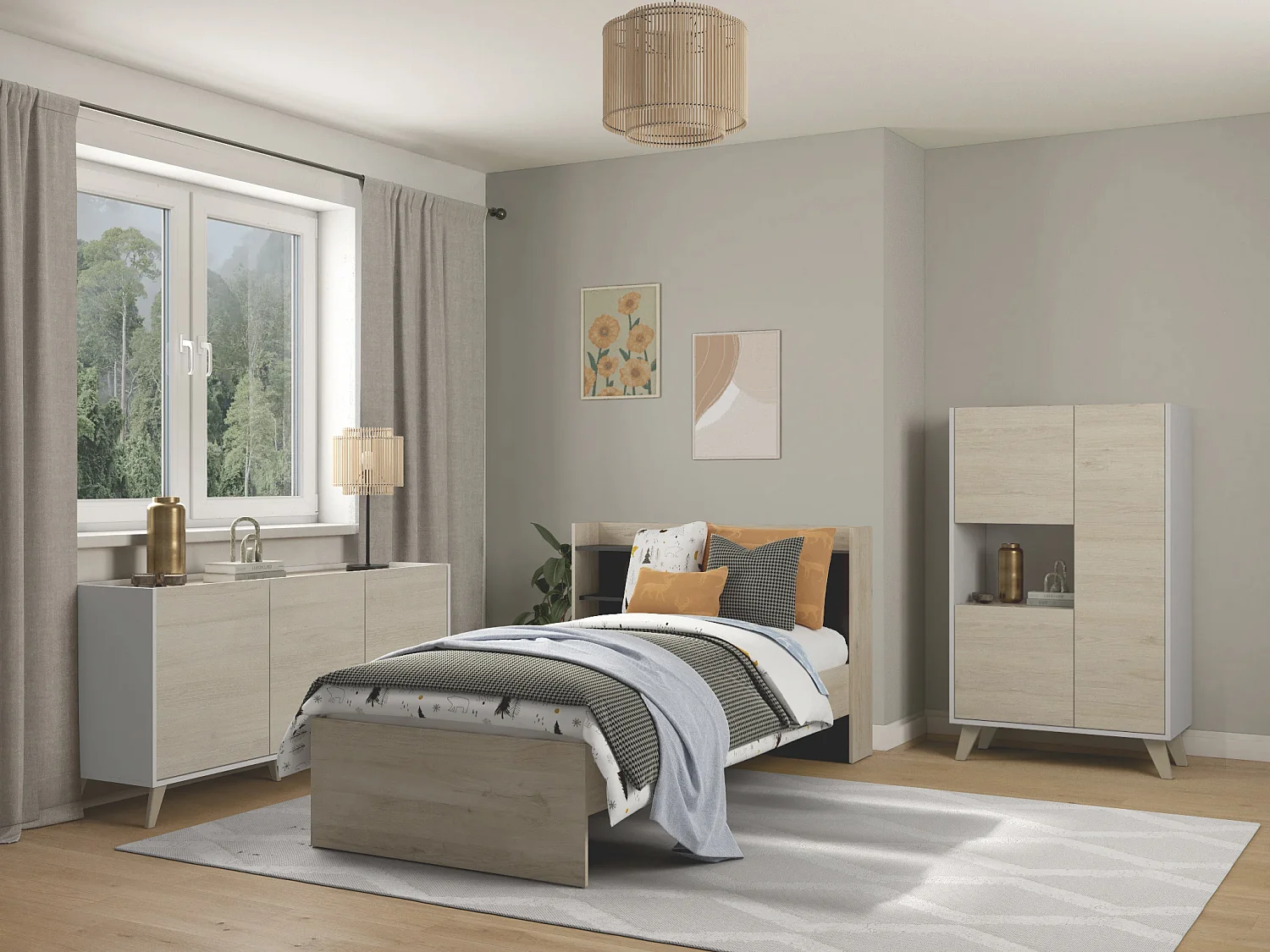 Buffet haut KOLYMA - 3 portes & 1 niche - Coloris : Chêne & Blanc