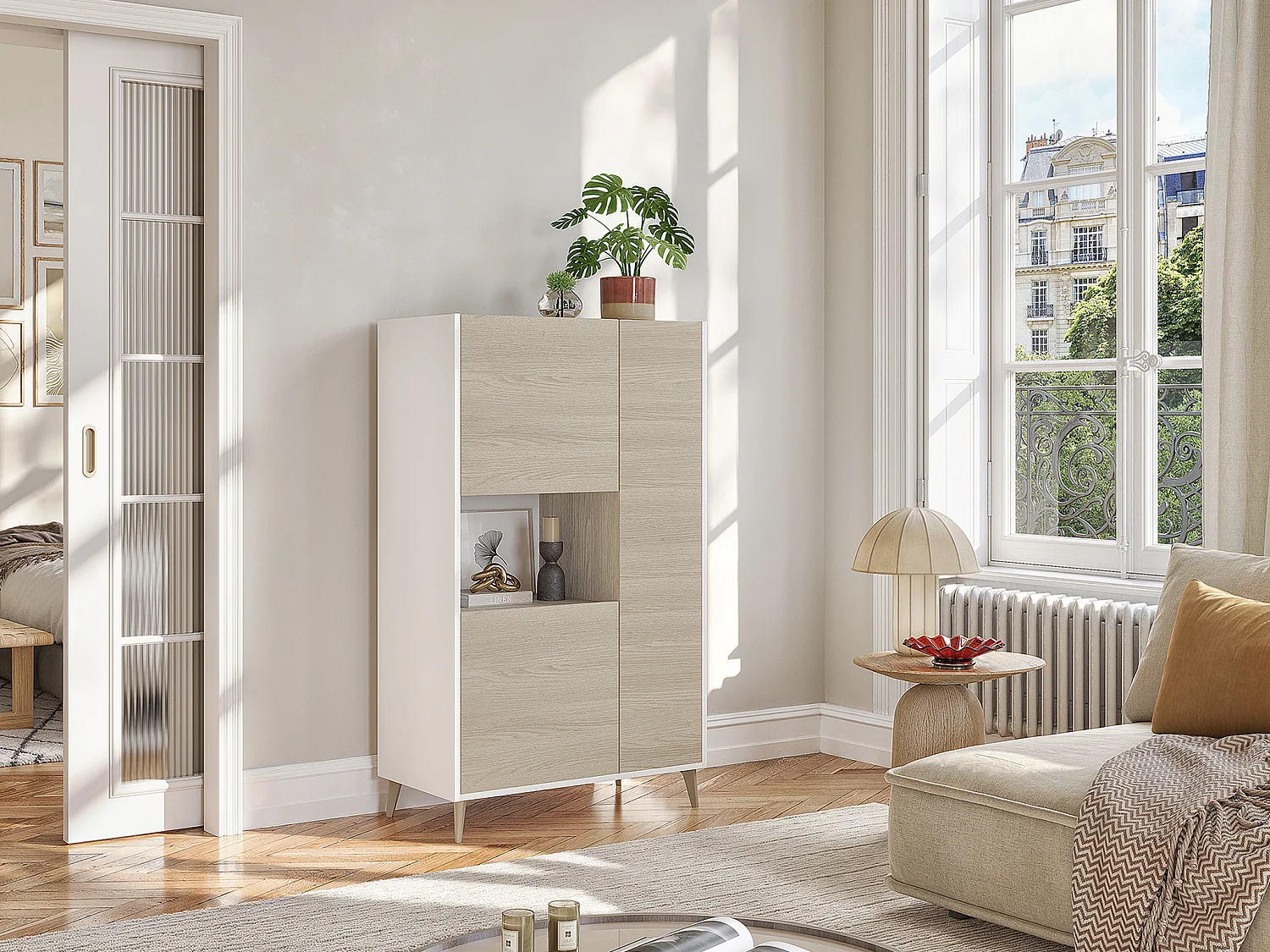 Aparador alto 3 portas e 1 nicho Cor: carvalho e branco -  KOLYMA