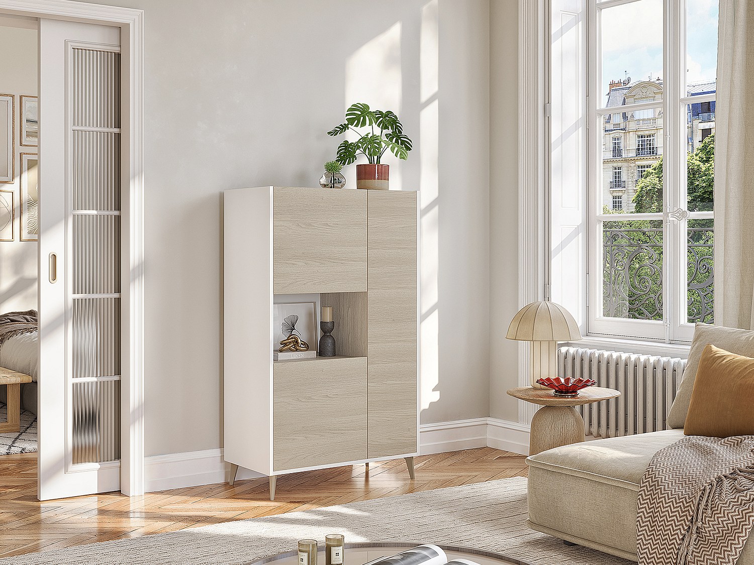 Highboard mit 3 Türen & 1 Ablage - Eichefarben & Weiß - KOLYMA günstig online kaufen