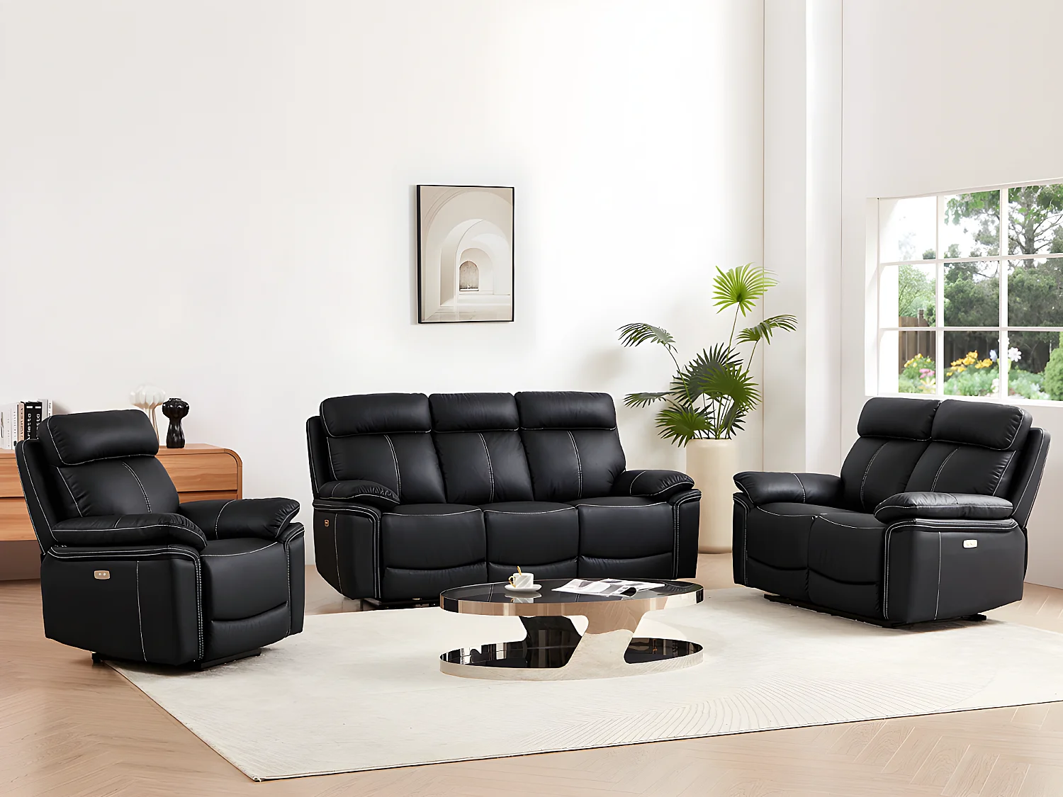 Canapés 3 places 2 places et un fauteuil relax électrique en cuir ISIRIS - Noir