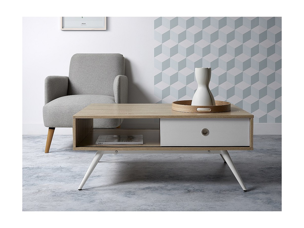 Mesa de centro 1 cajón 1 estante Color: roble, blanco ZINA