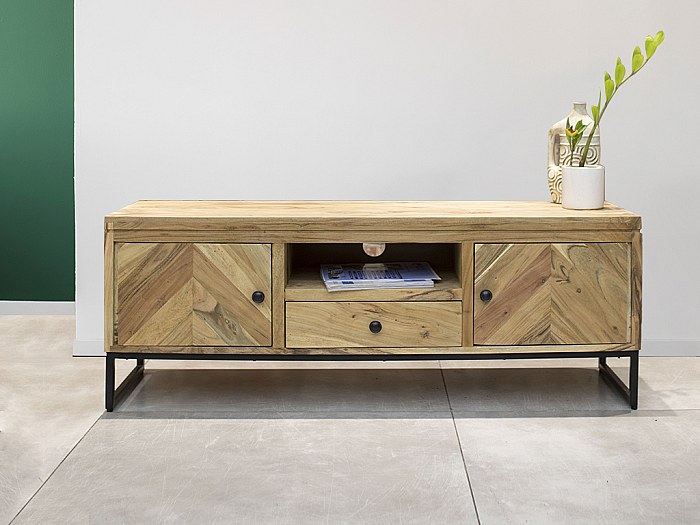 TV-Möbel – 2 Türen, 1 Schublade, 1 Fach – Akazie und schwarzes Metall