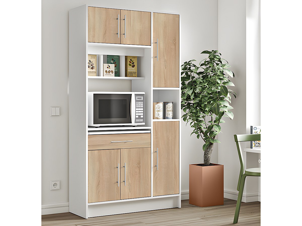 Buffet Cuisine 6 Portes Actual Diffusion - Chêne/Blanc 121.5x176x36.3cm - 1 Tiroir 8 Niches