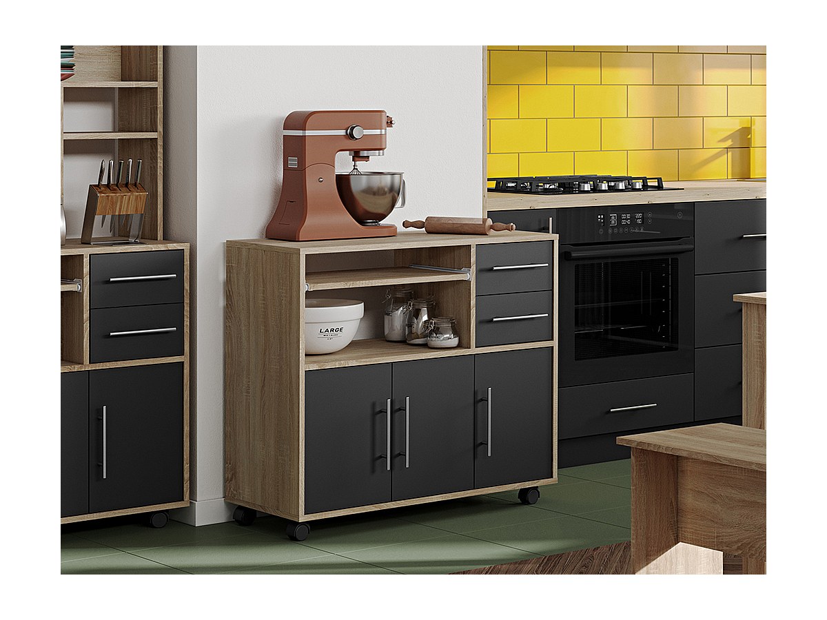 Servierschrank Mikrowelle BERTILLE - Eiche & Schwarz kaufen