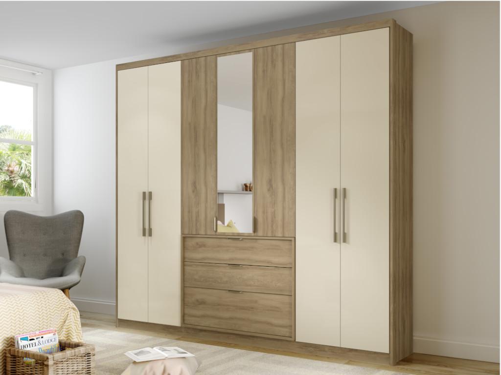 Kleiderschrank mit Spiegel SELMA - 7 Türen & 3 Schubladen - Eichenholzfarben/Elfenbeinfarben