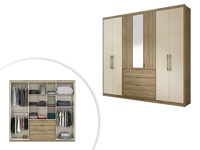 Kleiderschrank mit Spiegel SELMA - Eiche/Elfenbein kaufen
