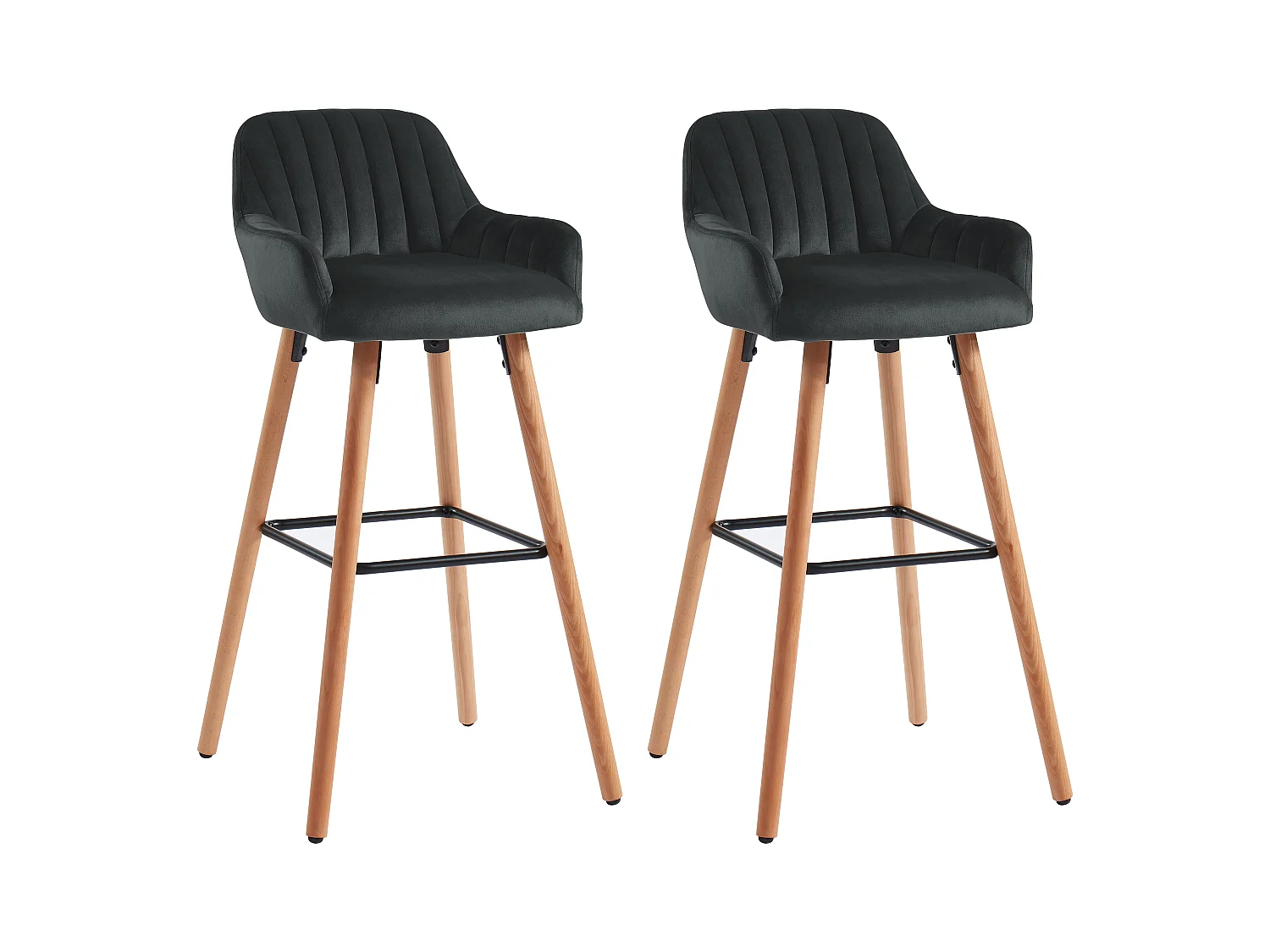 Lot de 2 tabourets de bar en velours et pieds bois de hêtre - Noir - ELEANA