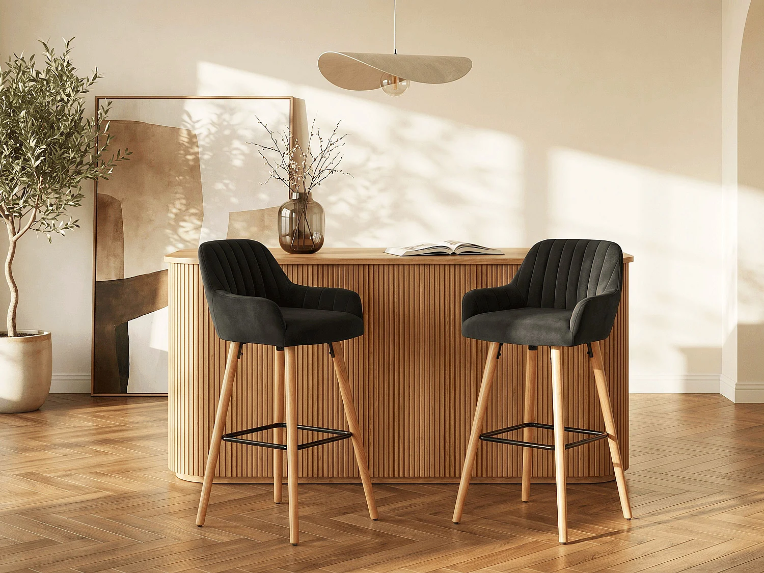 Barhocker 2er-Set - Samt & Metall in Holzoptik  - Schwarz - ELEANA