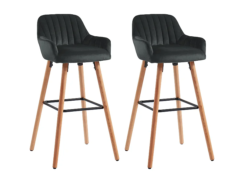 Lot de 2 tabourets de bar en velours et pieds bois de hêtre - Noir - ELEANA