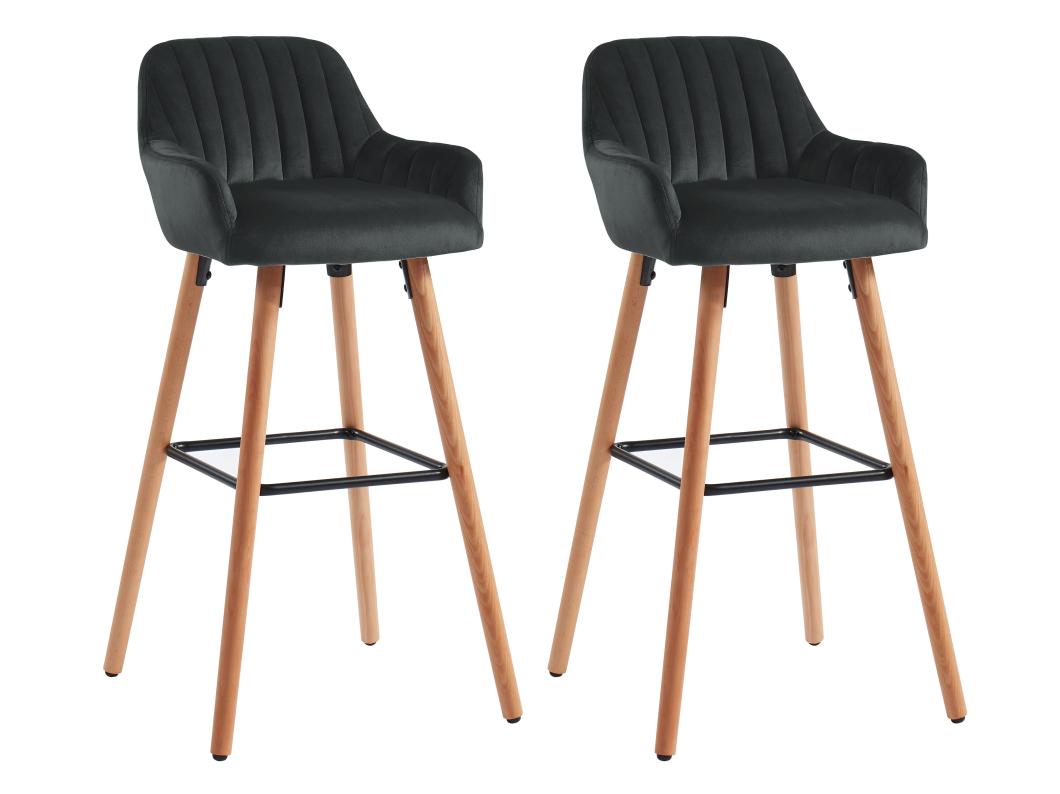 Lot de 2 tabourets de bar en velours et pieds bois de hêtre - Noir - ELEANA