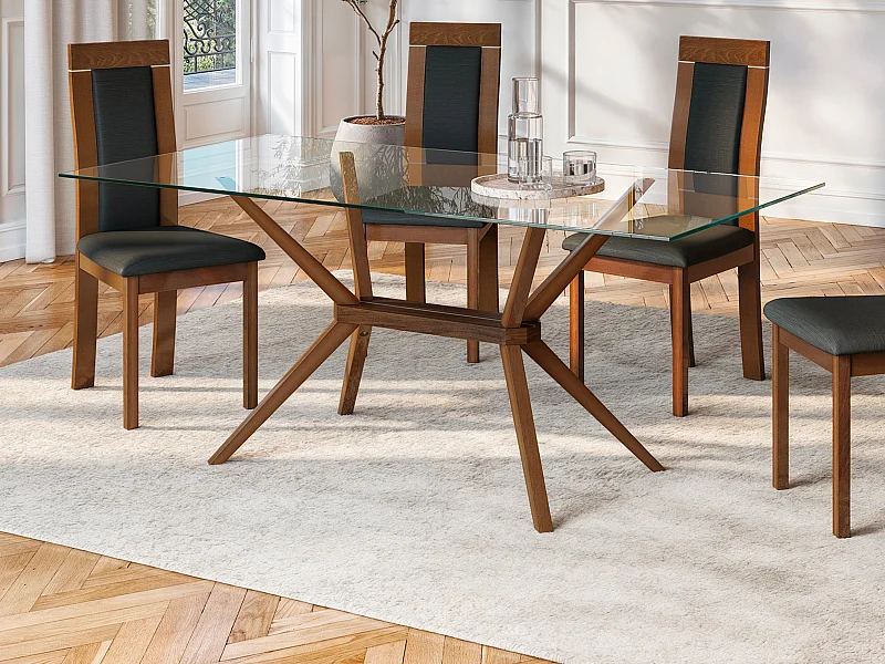 Mesa de jantar de 6 lugares em vidro temperado e faia - BELINDA