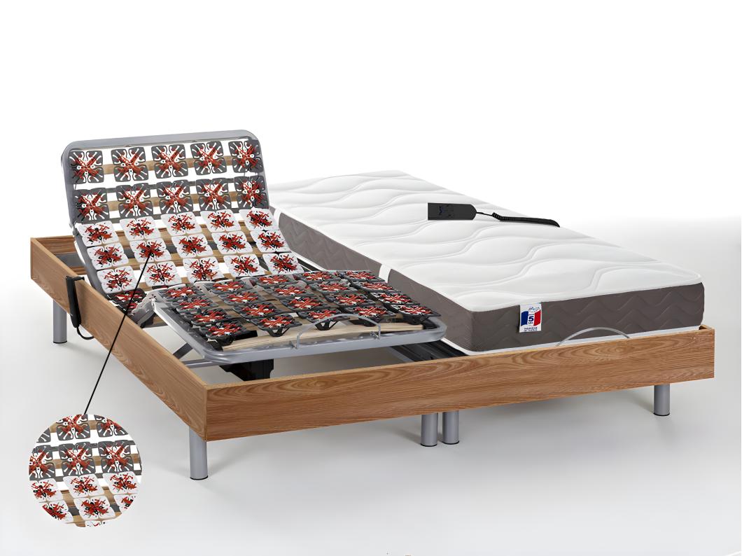 Cama eléctrica con terminales, colchón 100% látex y 3 zonas de apoyo JUPITER de YSMÉE - roble natural - 2x90x200 cm - Motores OKIN