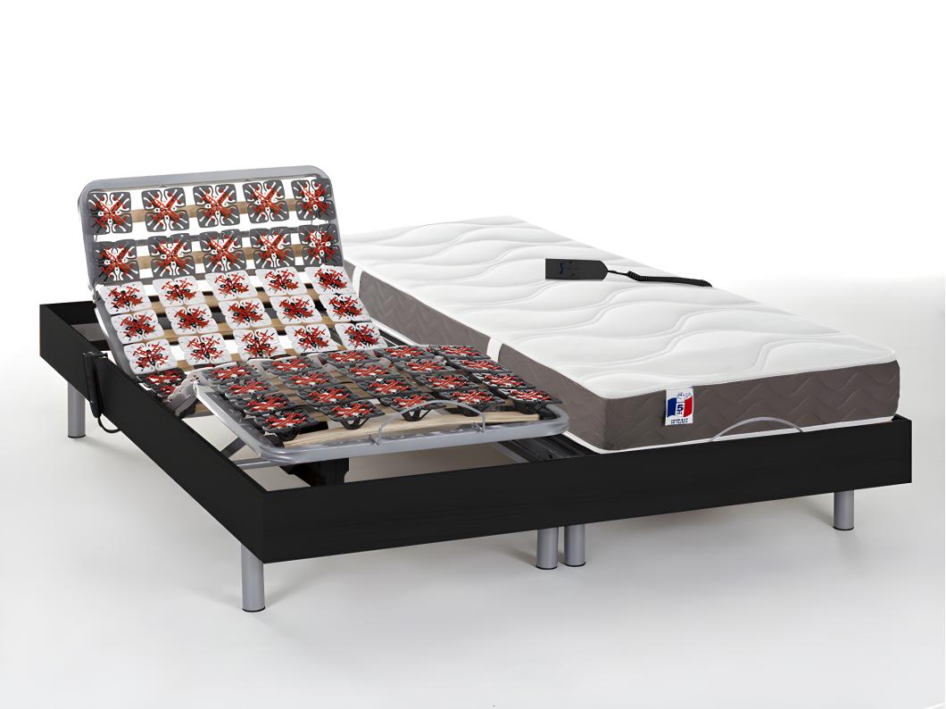 Lit électrique de relaxation tout plots + matelas 100% latex 3 zones - 2 x 90 x 200 cm - Noir - JUPITER de YSMÉE